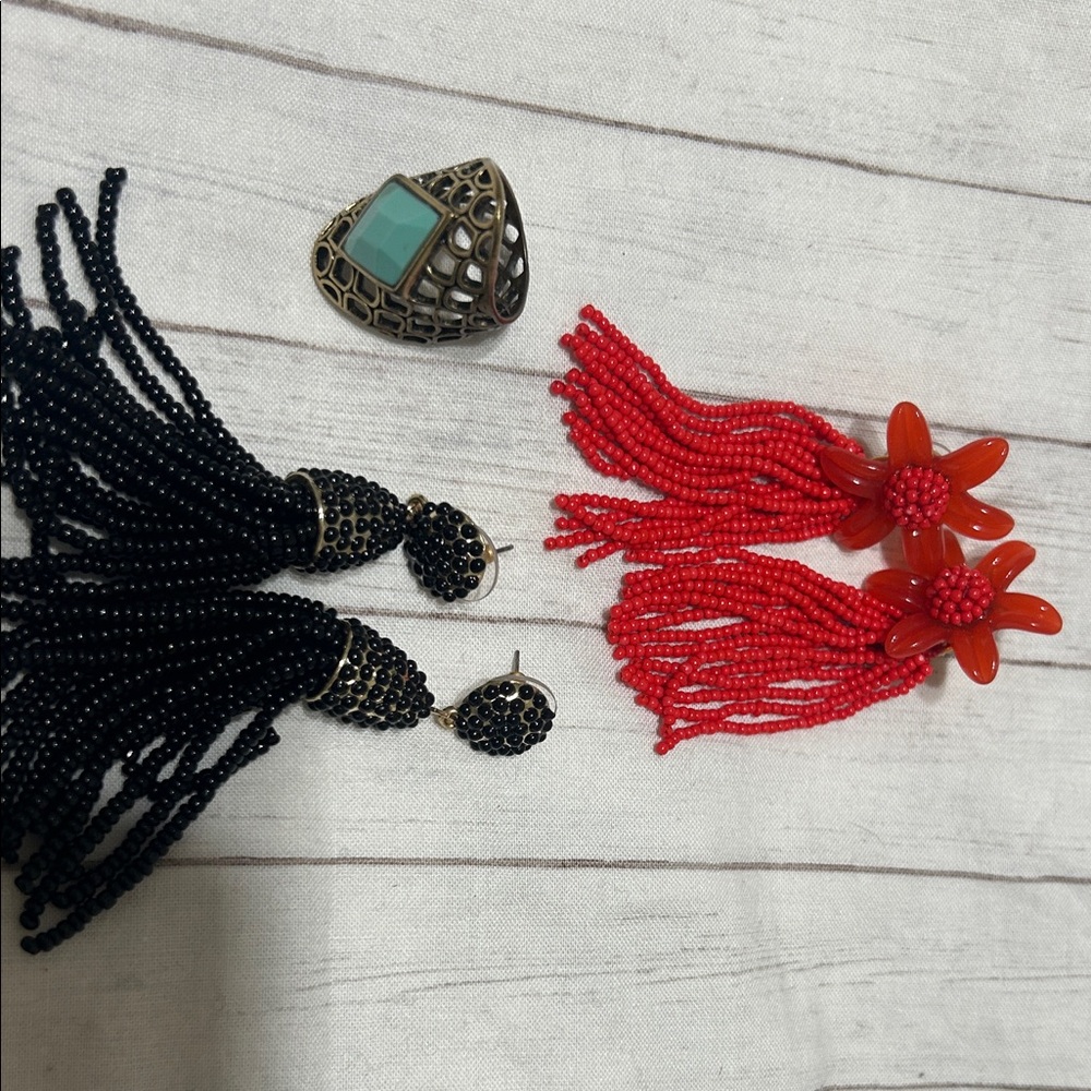 Beaded Tassel Earrings Duo - Black & Red Floral Fringe